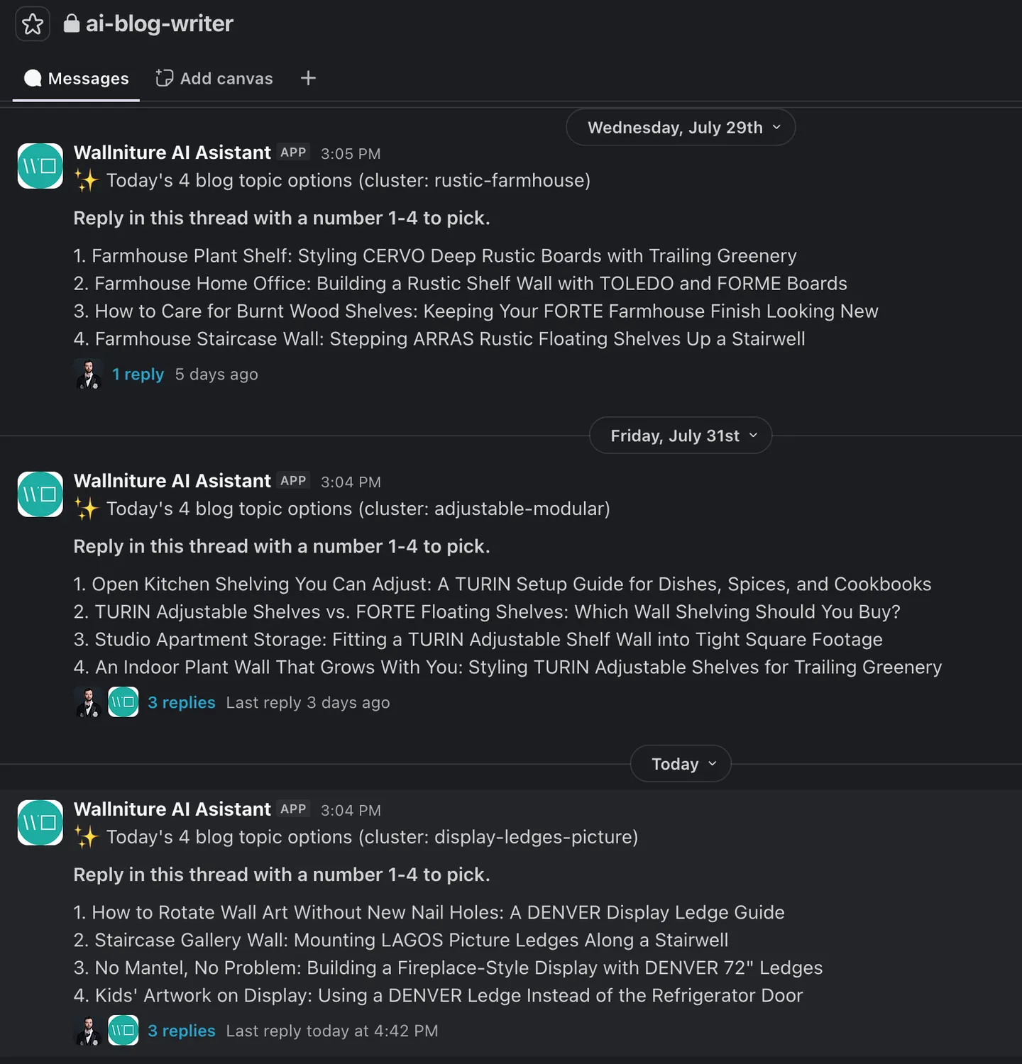Four topic proposals posted to Slack, three mornings a week