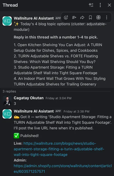 The agent holds in-thread until a topic is chosen