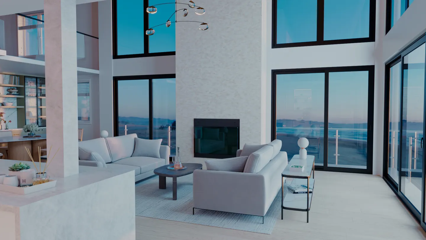 Double-height living room, glazing floor to ceiling