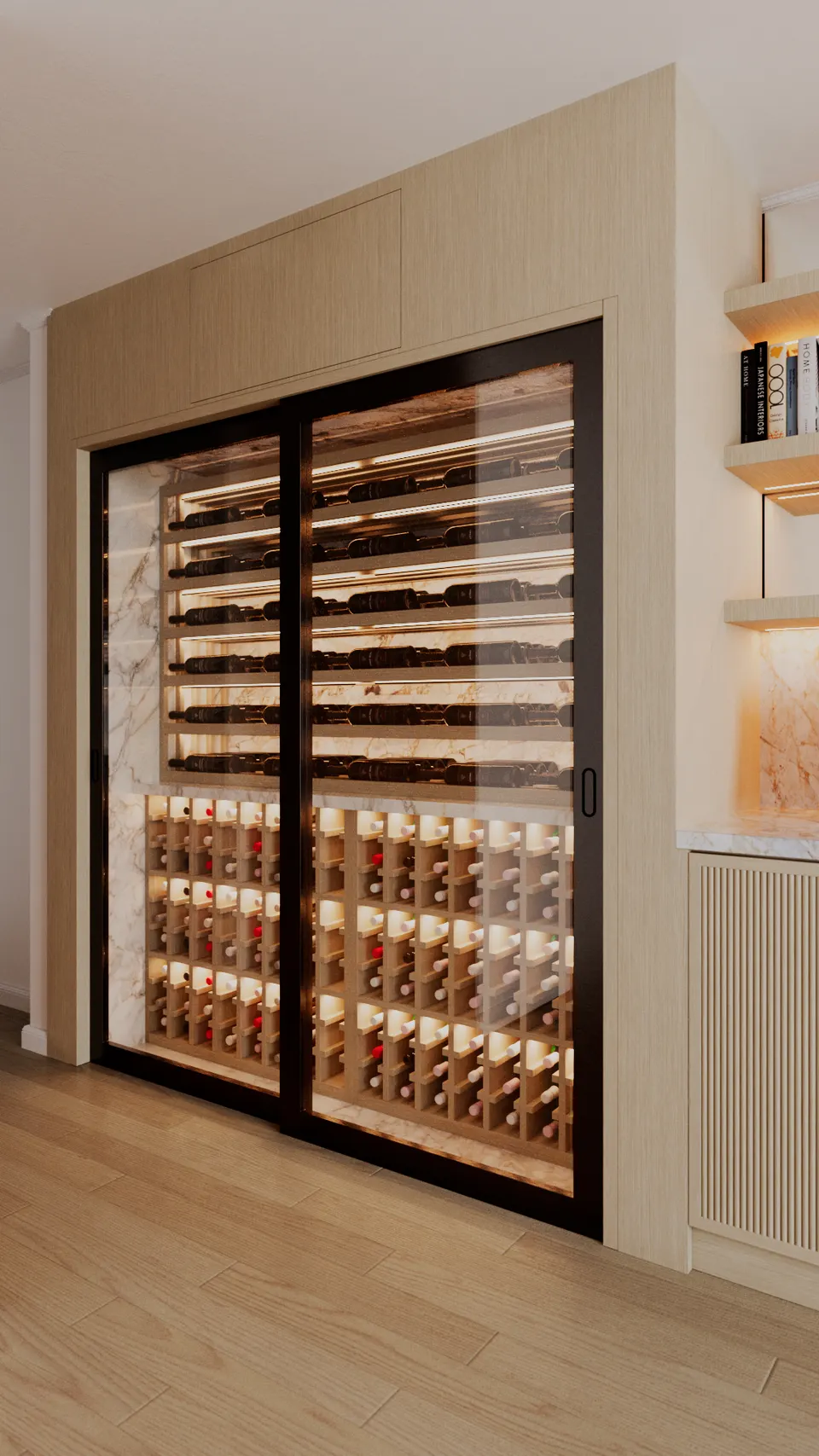 Dining room, oval marble table under lit display cabinetry