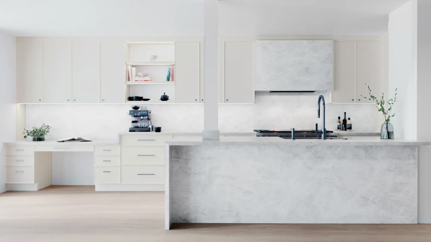 Kitchen: pale marble, veining carried up the backsplash