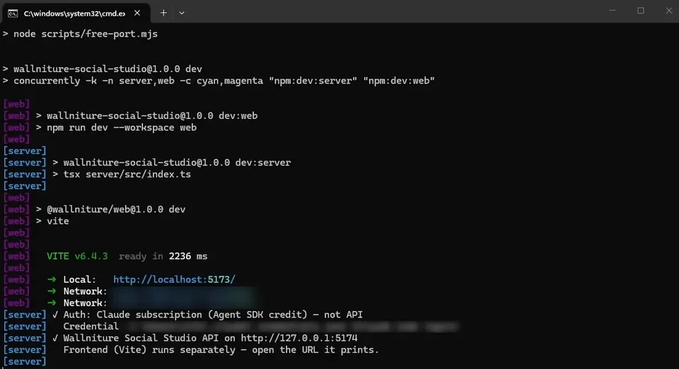 The server starting, authenticated against the Claude subscription rather than the API