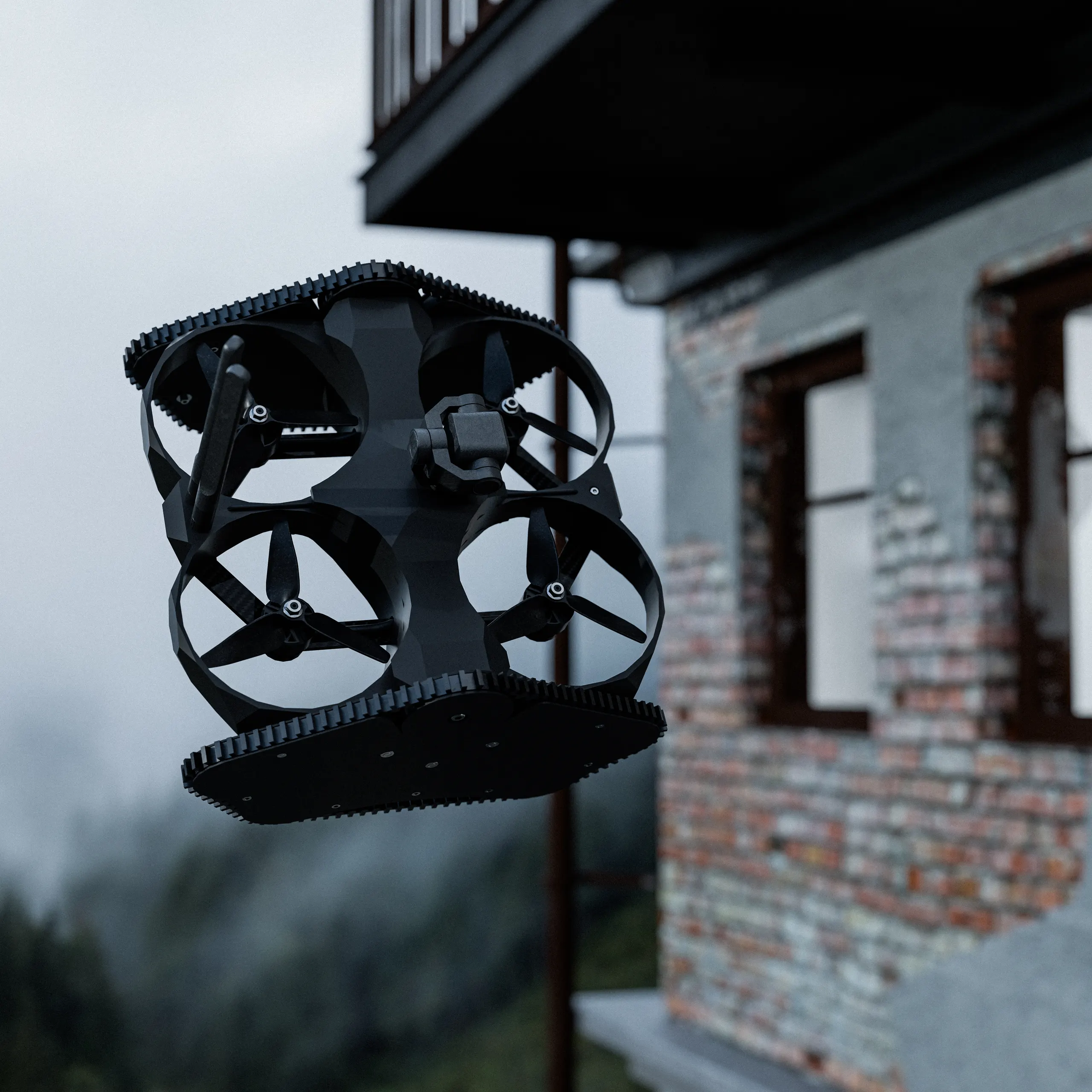 Airborne alongside a building, ground mode a metre below