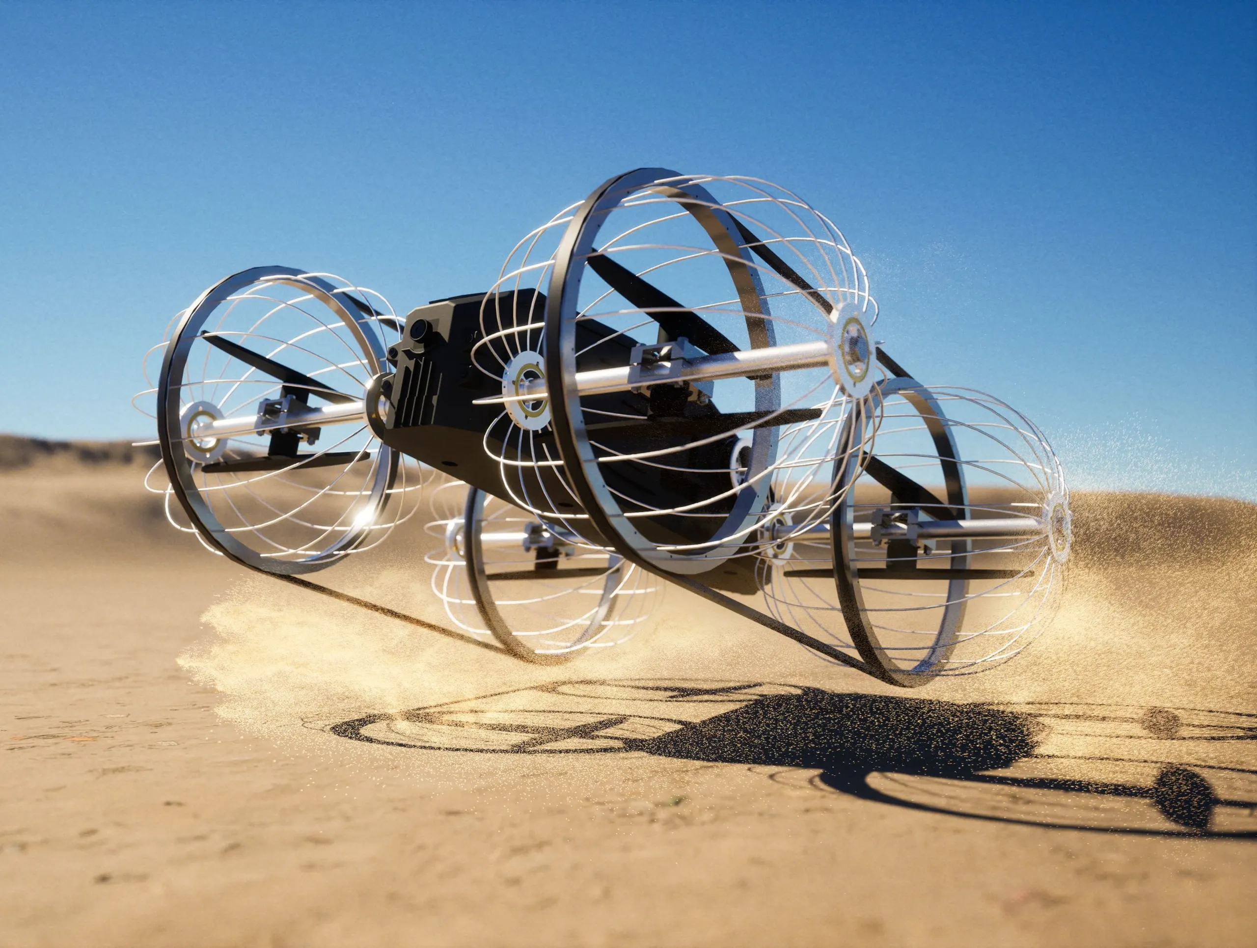 Cage-wheel version lifting off, each cage rolls on the ground and shrouds a rotor in the air