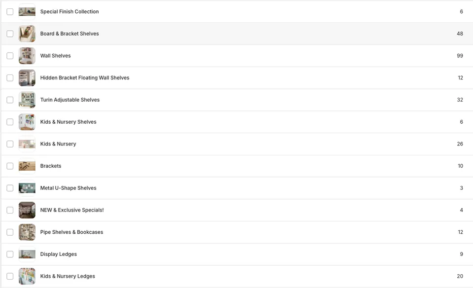 Collection structure in Shopify admin, every category and its product count